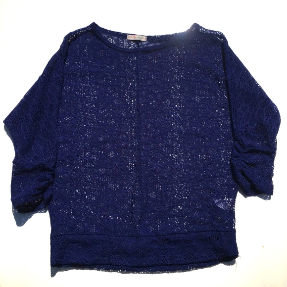 Blue Lace Semi Sheer Netted Blouse Top Size L - Picture 1 of 8